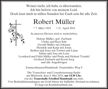 Traueranzeige von Robert Müller von  Usinger Anzeiger