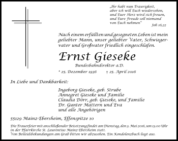 Traueranzeige von Ernst Gieseke von  Allgemeine Zeitung Mainz