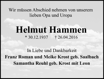 Traueranzeige von Helmut Hammen von  Allgemeine Zeitung Alzey