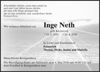 Traueranzeige von Inge Neth von Trauerportal Echo Online