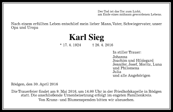 Traueranzeige von Karl Sieg von  Gießener Anzeiger
