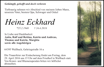Traueranzeige von Heinz Eckhard von Trauerportal Echo Online