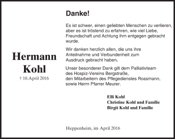 Traueranzeige von Hermann Kohl von Trauerportal Echo Online
