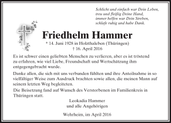 Traueranzeige von Friedhelm Hammer von  Usinger Anzeiger