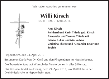 Traueranzeige von Willi Kirsch von trauer.echo-online.de