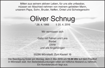 Traueranzeige von Oliver Schnug von  Allgemeine Zeitung Alzey