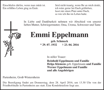 Traueranzeige von Emmi Eppelmann von  Allgemeine Zeitung Alzey