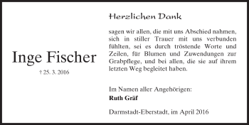 Traueranzeige von Inge Fischer von Trauerportal Echo Online