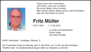 Traueranzeige von Fritz Müller von trauer.echo-online.de