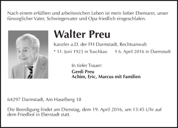 Traueranzeige von Walter Preu von trauer.echo-online.de