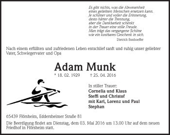 Traueranzeige von Adam Munk von  Mainspitze