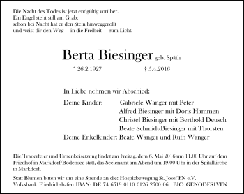 Traueranzeige von Berta Biesinger von  Allgemeine Zeitung Mainz