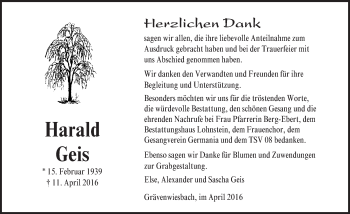 Traueranzeige von Harald Geis von  Usinger Anzeiger
