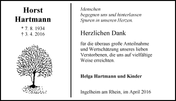 Traueranzeige von Horst Hartmann von  Allgemeine  Zeitung Ingelheim-Bingen