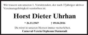 Traueranzeige von Horst Dieter Uhrhan von trauer.echo-online.de