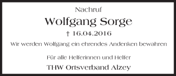 Traueranzeige von Wolfgang Sorge von  Allgemeine Zeitung Alzey