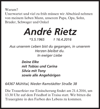 Traueranzeige von Andre Rietz von trauer.echo-online.de