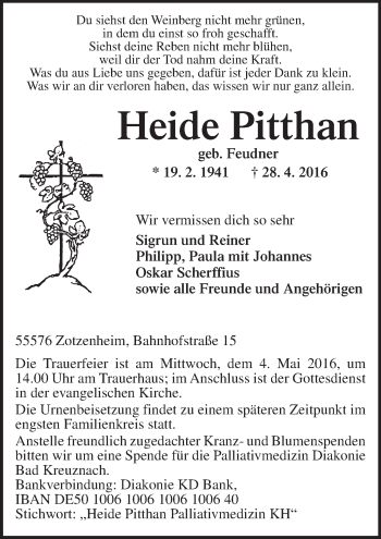 Traueranzeige von Heide Pitthan von  Allgemeine  Zeitung Ingelheim-Bingen