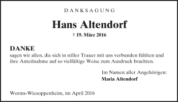 Traueranzeige von Hans Altendorf von  Wormser Zeitung