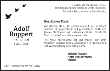 Traueranzeige von Adolf Ruppert von  Allgemeine  Zeitung Ingelheim-Bingen