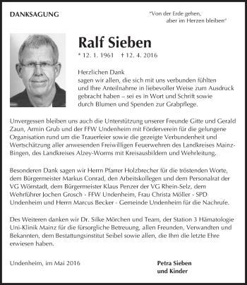 Traueranzeige von Ralf Sieben von  Allgemeine Zeitung Alzey
