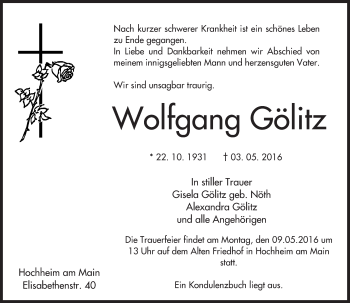 Traueranzeige von Wolfgang Gölitz von  Hochheimer Zeitung