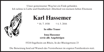Traueranzeige von Karl Hassemer von  Allgemeine  Zeitung Ingelheim-Bingen