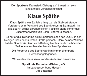 Traueranzeige von Klaus Späthe von Trauerportal Echo Online