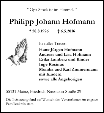 Traueranzeige von Philipp Johann Hofmann von  Allgemeine Zeitung Mainz
