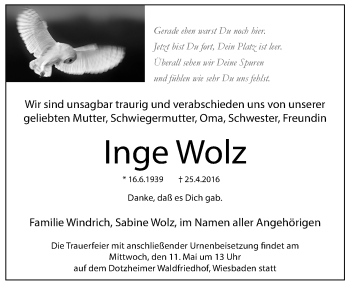 Traueranzeige von Inge Wolz von  Wiesbaden komplett