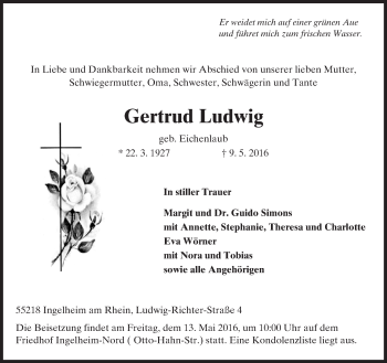 Traueranzeige von Gertrud Ludwig von  Allgemeine  Zeitung Ingelheim-Bingen