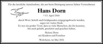 Traueranzeige von Hans Dorn von  Usinger Anzeiger