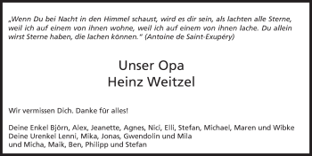 Traueranzeige von Heinz Weitzel von  Allgemeine  Zeitung Ingelheim-Bingen