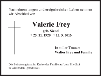 Traueranzeige von Valerie Frey von  Wiesbaden komplett
