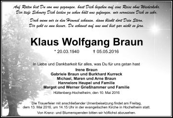 Traueranzeige von Klaus Wolfgang Braun von  Gießener Anzeiger