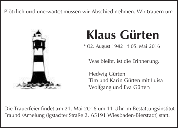 Traueranzeige von Klaus Gürten von  Wiesbaden komplett