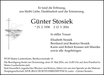 Traueranzeige von Günter Stosiek von  Allgemeine Zeitung Mainz