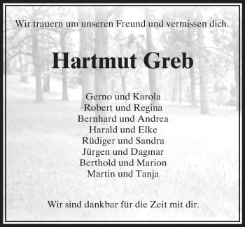 Traueranzeige von Hartmut Greb von VRM Trauer