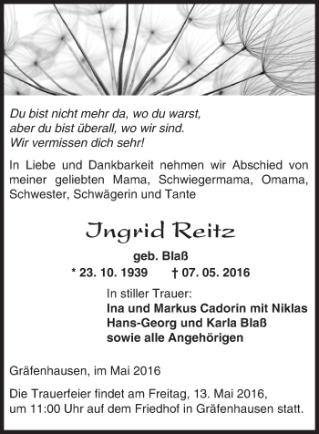 Traueranzeige von Ingrid Reitz von Trauerportal Echo Online