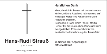 Traueranzeige von Hans-Rudi Strauß von Trauerportal Echo Online
