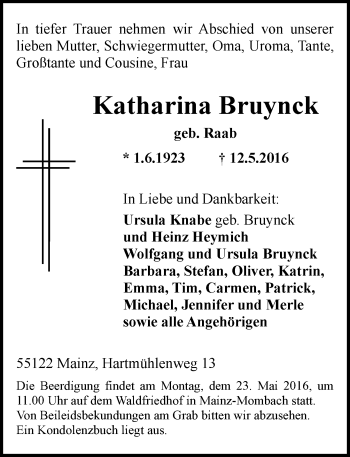 Traueranzeige von Katharina Bruynck von  Allgemeine  Zeitung Ingelheim-Bingen