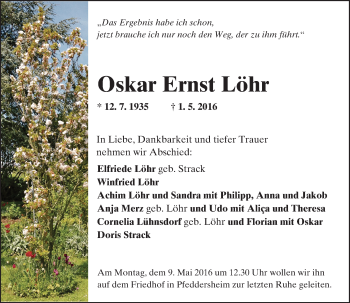 Traueranzeige von Oskar Ernst Löhr von  Wormser Zeitung