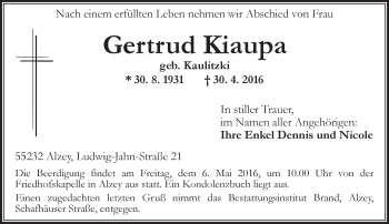 Traueranzeige von Gertrud Kiaupa von  Allgemeine Zeitung Alzey