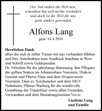 Traueranzeige von Alfons Lang von  Allgemeine Zeitung Mainz