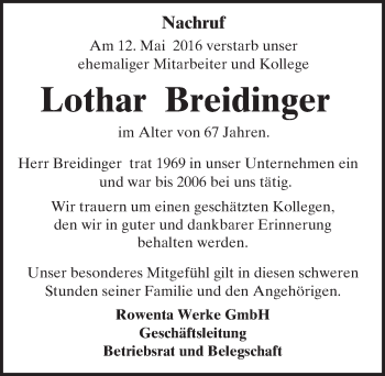 Traueranzeige von Lothar Breidinger von Trauerportal Echo Online