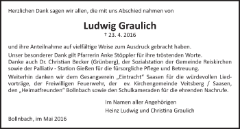 Traueranzeige von Ludwig Graulich von  Gießener Anzeiger