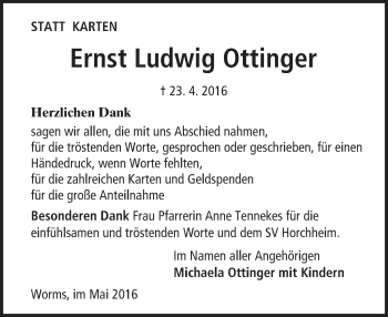 Traueranzeige von Ernst Ludwig Ottinger von  Wormser Zeitung