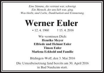 Traueranzeige von Werner Euler von  Kreisanzeiger