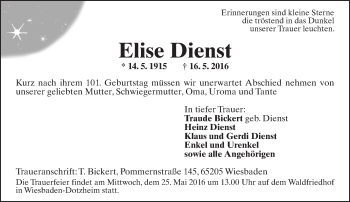 Traueranzeige von Elise Dienst von  Wiesbaden komplett