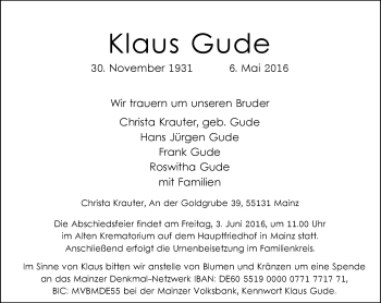 Traueranzeige von Klaus Gude von  Allgemeine Zeitung Mainz